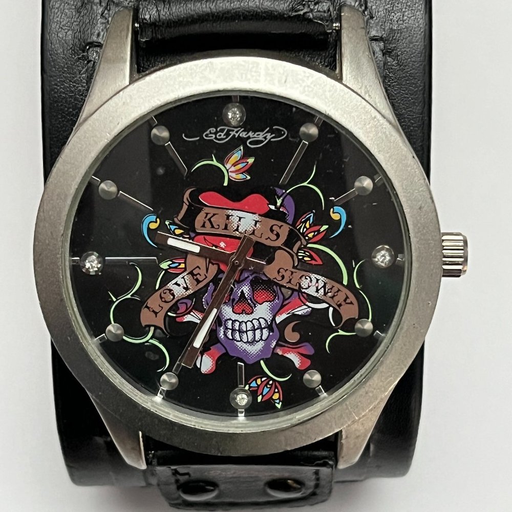 Ed Hardy by Christian Audigier Leather Band Watch - Skull & Roses